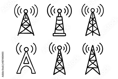 Radio tower and wireless signal silhouette icon set in black and white outline style
