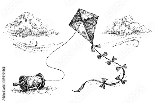 Vintage dotted kite and clouds on a breezy day