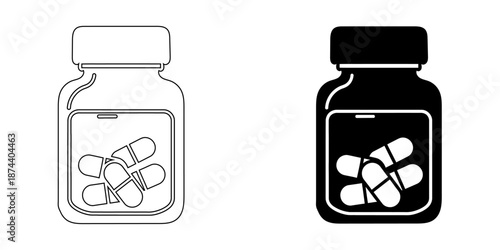 Medical pill bottle icon with capsules in line art and solid silhouette styles, isolated vector illustration of pharmaceutical prescription medication.