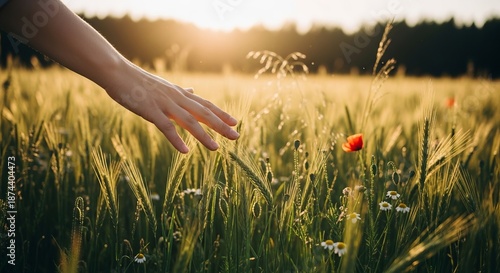 Gentle hand brushes through golden wheat field at sunset, evoking peace and nature's beauty.
