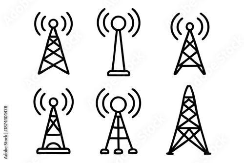 Radio tower and wireless signal silhouette icon set in black and white outline style