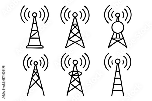 Radio tower and wireless signal silhouette icon set in black and white outline style