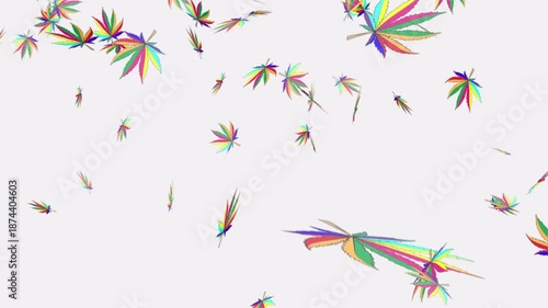 Vibrant cannabis leaves against a colorful on white background with Exploding falling animation