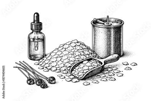 Hand drawn aromatherapy kit with oil, salt, and candle