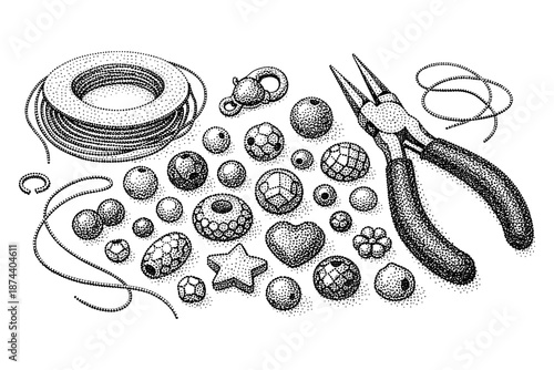 Hand drawn jewelry making tools and beads with pliers and wire in stipple style