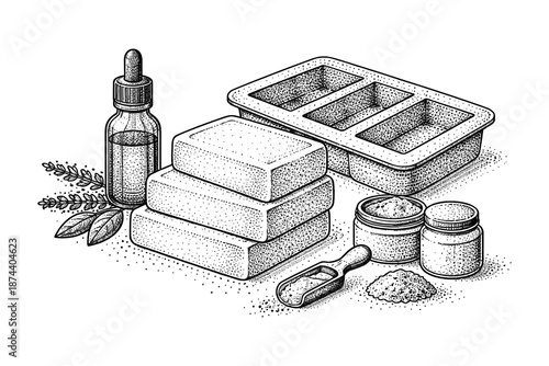 Handcrafted soap making: essential tools and ingredients in stipple art style