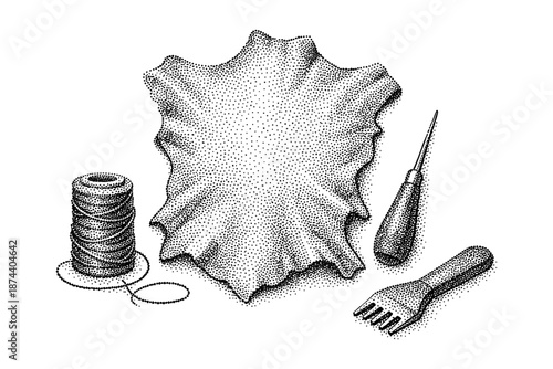 Detailed engraving of leather craft tools and materials for artisan projects
