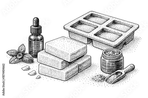 Hand drawn soap making kit with oils and herbs for diy crafting