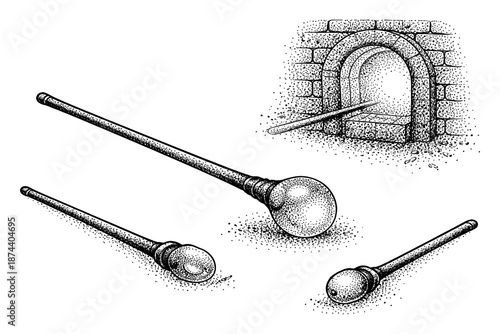 Detailed stippled glassblowing tools with kiln in dotwork style