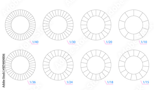 Circle sector diagrams with fractional notations. Geometric circle segments for visualizing mathematical relationships with increments of 40, 30, 20, 10, 36, 24, 18, and 15.