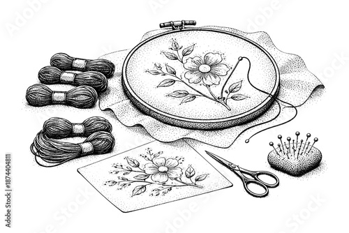 Elegant dotwork embroidery art with floral design and sewing tools