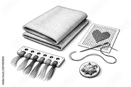 Cross stitch elements with needle, fabric, thread, and heart pattern in vintage style
