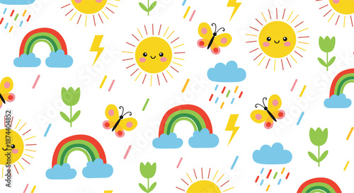 Cute seamless spring weather pattern with sun rainbow clouds rain and butterflies repeating background vector
