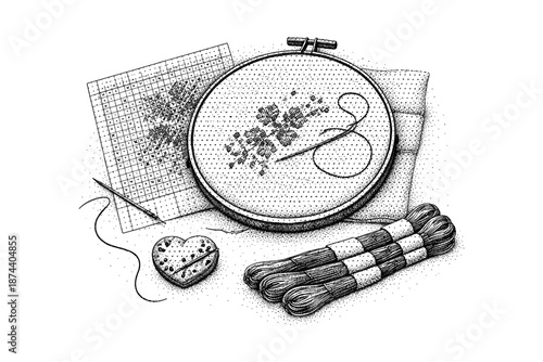 Intricate dotwork embroidery craft scene with floral hoop and supplies