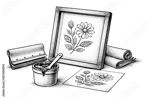 Hand drawn botanical art with frame and craft tools