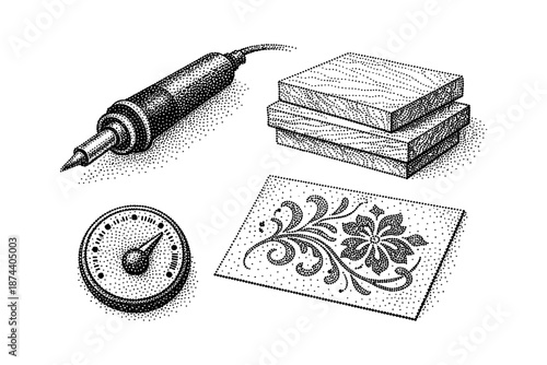 Intricate pyrography art set: dotwork tools and designs for wood burning enthusiasts