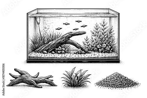 Detailed aquarium sketch with fish, driftwood, and aquatic plants