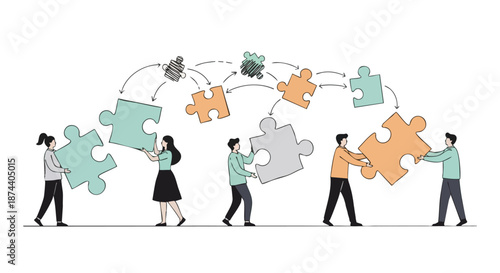 Teamwork and collaboration assembling a complex puzzle representing successful problem-solving and shared goals in a modern business environment