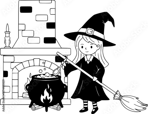 Witch with Cauldron and Fireplace Vector Illustration