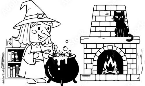 Witch with Cauldron and Fireplace Vector Illustration