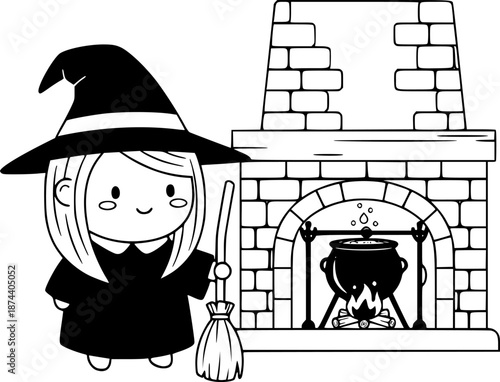 Witch with Cauldron and Fireplace Vector Illustration