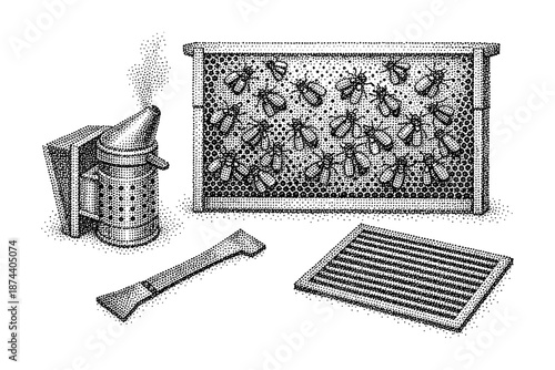 Vintage beekeeping tools and honeycomb with bees in halftone style