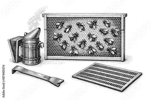 Vintage honeycomb with bees and beekeeping tools in retro pointillism art