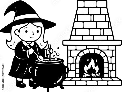 Witch with Cauldron and Fireplace Vector Illustration