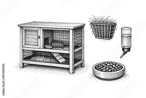 Vintage dot art of guinea pig accessories with cage, grass holder, water bottle, and food bowl