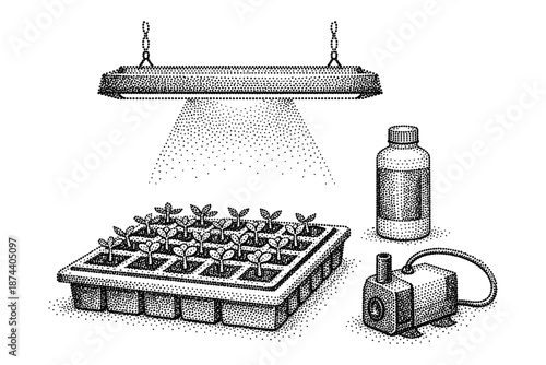 Halftone hydroponics setup with grow light, seedlings, and nutrient solution