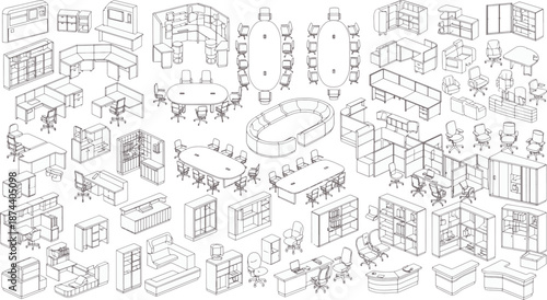 A comprehensive collection of various office furniture pieces, meticulously drawn in a clean, minimalist style. From desks and chairs to storage units and conference tables.