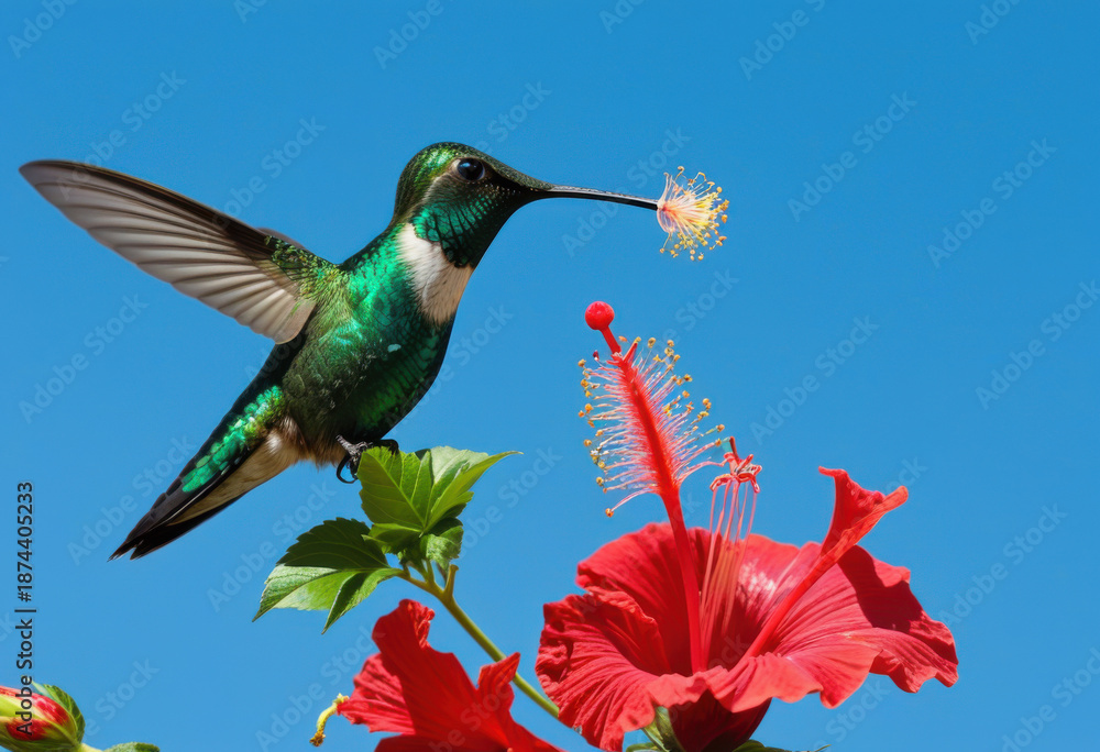 Fototapeta premium Sapphire-spangled Emerald hummingbird feeding on a hibiscus flower, blue sky background