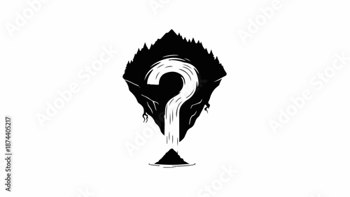 Mysterious question mark emerging from a dark, abstract mountain landscape