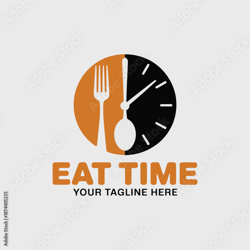 Vector of a modern and creative eat time logo design featuring a stylish clock, spoon, and fork symbol, perfect for restaurant, cafe, or food delivery branding