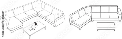 A stylish arrangement of modern sofas and tables in a minimalistic drawing. Presenting clean lines, functionality, and an inviting sense of space.