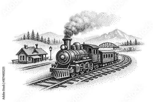 Vintage steam train on scenic mountain railway in stippling style
