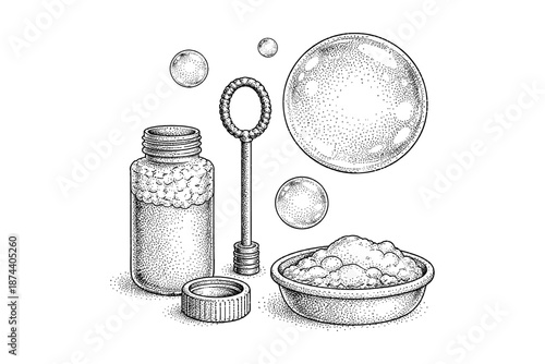 Detailed dot art of bubble solution set with wand and foamy dish