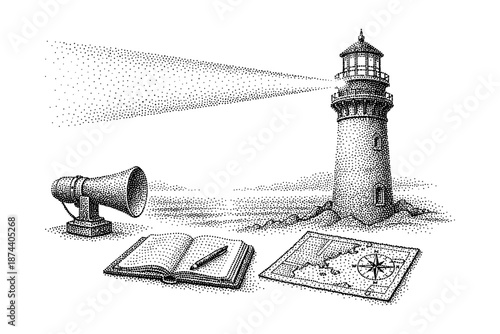 Vintage nautical elements with lighthouse and map in stipple art style