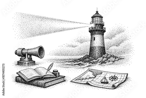 Vintage nautical scene with lighthouse and navigation tools in stipple art style