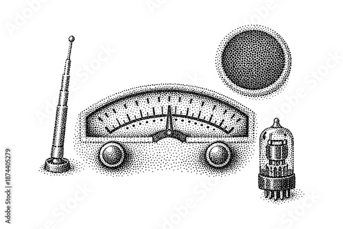 Vintage dotted analogue radio equipment depiction in halftone style