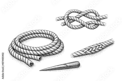 Vintage nautical rope knot and marlinspike collection in stipple design