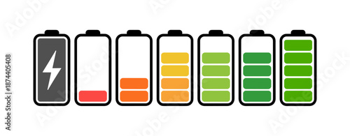 Battery level indicators. Colorful battery charge level icons. Battery power level pictograms in outline style. Vector