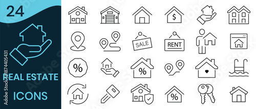 Real estate icon set. Out line icon of real estate, house, key, contract, smart home, building, renovation, realtor, kitchen, bedroom, living room, bathroom. Vector illustration.