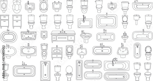 A comprehensive array of bathroom fixtures, rendered in detailed line art, provides a versatile toolkit for designers and architects, offering a spectrum of possibilities for interior design concepts.
