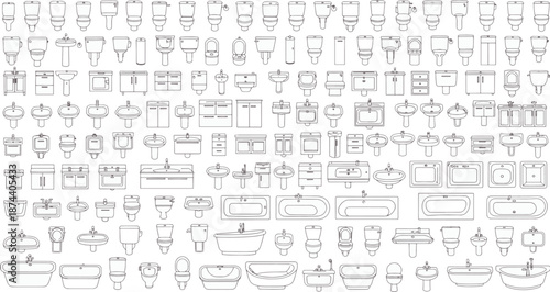 Architectural blueprints of modern bathroom fixtures displayed in an array. Meticulously drawn to showcase each design. A comprehensive visual guide for architects, designers.
