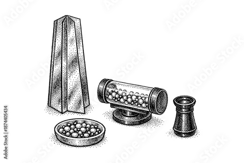 Dotwork pointillism retro spice shaker set with obelisk and grains