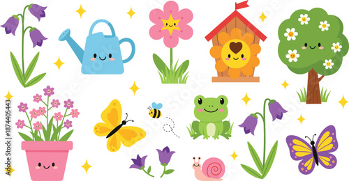 Cute spring garden illustration set with flowers animals watering can butterfly frog and playful nature elements vector