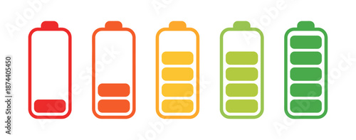 Battery level indicators. Colorful battery charge level icons. Battery power level pictograms in outline style. Vector