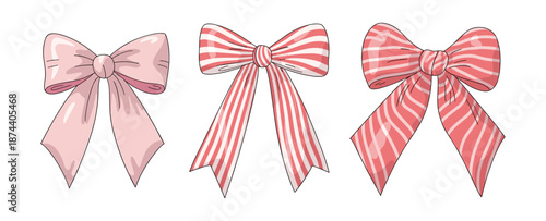 Crayon bows set. Coquette style ribbons and bows striped and plaid, aesthetic vintage elegant cliparts. Hand drawn pencil art decor, bowknots for girly, birthday, gift, wedding. Vector illustration