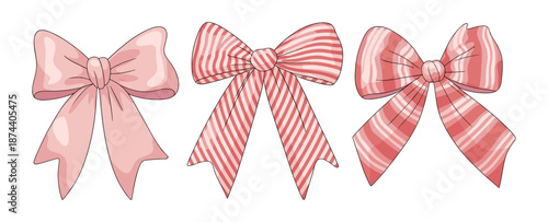 Crayon bows set. Coquette style ribbons and bows striped and plaid, aesthetic vintage elegant cliparts. Hand drawn pencil art decor, bowknots for girly, birthday, gift, wedding. Vector illustration